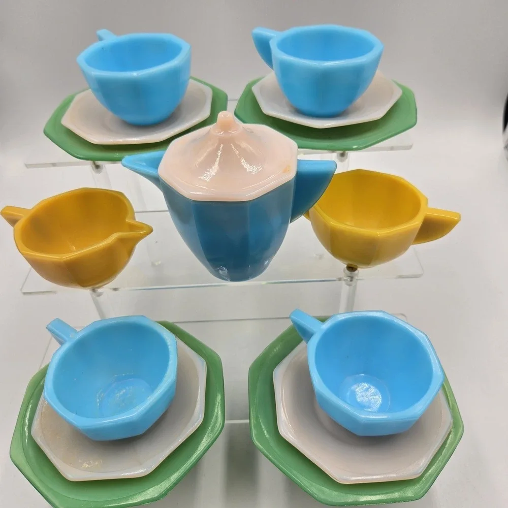 Antique Akro Agate Play Time 16 Piece Gypsy Slag Glass Children Tea Set Complete